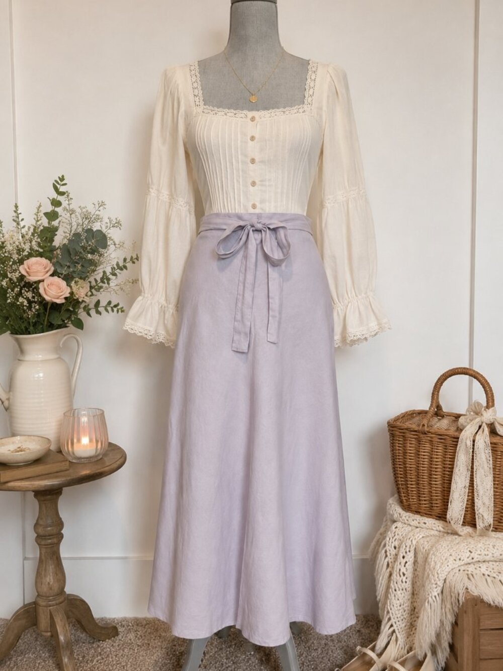Lavender Linen Blend Tie Waist Maxi Skirt